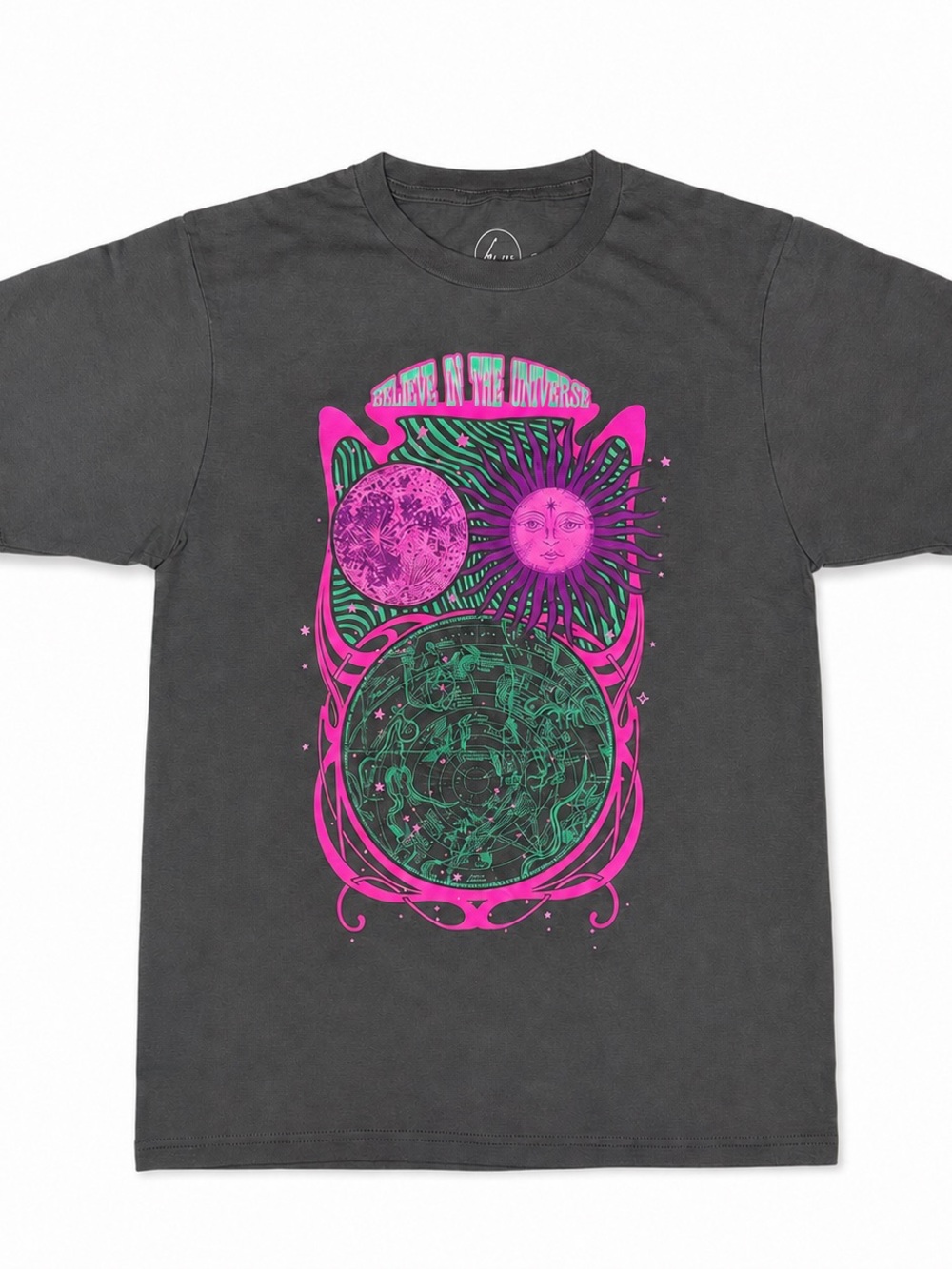 Believe in the Universe Short Sleeve Graphic Tee - Black with Pink & Green Print